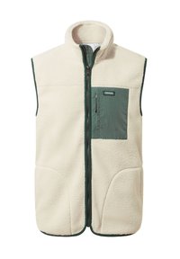 Fleece vest in creamy white with a green chest pocket. Features a high collar, zip front, and two side pockets. Soft texture and relaxed shape.
