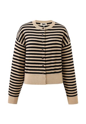Black and beige striped cardigan made of knit fabric, featuring a round collar, button front, and ribbed cuffs and hem.