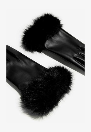 Juodi odiniai pirštinės su minkštu juodu dirbtiniu kailio kraštu. Plonas dizainas su lygiu paviršiumi, turintis tris pirštų angas.