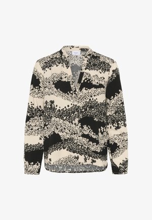 Czarna i kremowa bluzka z długim rękawem, zdobiona wzorem kwiatowym, z dekoltem w serek i lekko zaokrąglonym dołem, wykonana z teksturowanej tkaniny.