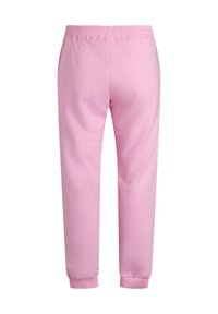 Pantalones de chándal rosas hechos de suave algodón. Presentan una cinturilla y puños elásticos, con una textura suave y un diseño de pierna ajustada.