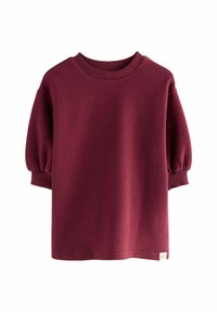 Burgunderfarbener Oversize-Sweatshirt aus weichem Stoff. Mit geripptem Rundhalsausschnitt und puffierten kurzen Ärmeln. Enthält ein kleines Logo-Tag.