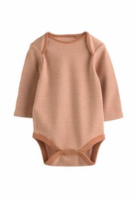 Långärmad bodysuit i ljus orange med vita horisontella ränder. Har tryckknappar i botten och ett mjukt, stretchigt tyg.