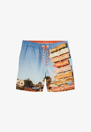 Plavky s modrým gradientovým vzorom, zdobené farebnými dopravnými značkami a textom. Elastický pás s oranžovou šnúrkou.