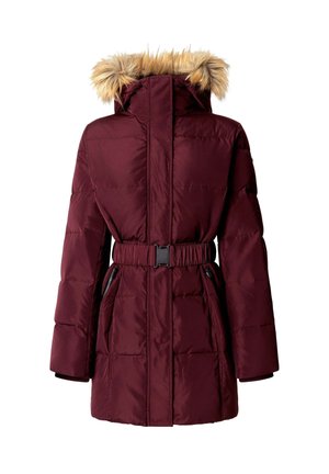 Bordeaux pufferjas met nepbontcapuchon, ceintuur in de taille, ritszakken aan de zijkant en een geborduurd ontwerp voor isolatie.