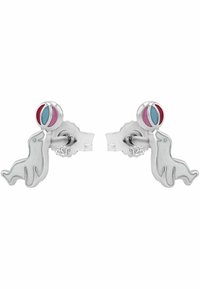 Pendientes de plata de ley con formas de sello y acentos en forma de bolas redondas de colores rosa y azul. Acabado liso y pulido.