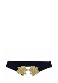 Cintura elastica nera con due fibbie decorative a forma di fiore in oro, dotate di petali dettagliati e finitura liscia.