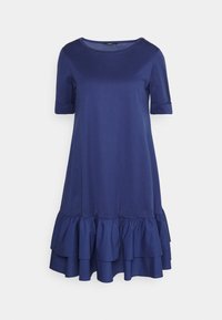 Marinblå bomullsklänning med korta ärmar, rund halsringning och en volangframtill med två lager för ökad volym.