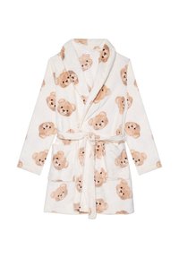 Accappatoio bianco morbido con stampa orsetto, caratterizzato da un colletto sciallato, cintura da annodare e due tasche frontali. Realizzato in materiale peloso.