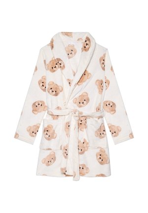 Accappatoio bianco morbido con stampa orsetto, caratterizzato da un colletto sciallato, cintura da annodare e due tasche frontali. Realizzato in materiale peloso.
