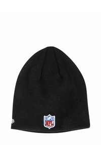 Black knit beanie with a rounded top, featuring an embroidered NFL logo in red, white, and blue on the front. Soft texture, snug fit.