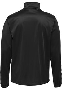 Schwarze Jacke aus glattem, leichtem Stoff. Verfügt über einen Stehkragen und lange Ärmel mit weißen Akzentdetails an den Seiten.