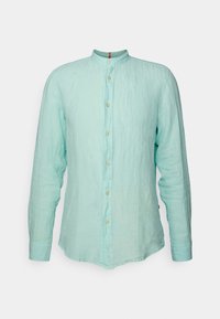 Camicia a maniche lunghe verde menta realizzata in tessuto testurizzato con colletto alla cinese, dotata di chiusura a bottoni completa e dettagli di cucitura sottili.