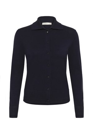 Schwarze langärmelige Strickjacke mit Knopfleiste, Kragen, gerippten Bündchen und Saum, präsentiert auf weißem Hintergrund.
