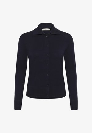 Schwarze langärmelige Strickjacke mit Knopfleiste, Kragen, gerippten Bündchen und Saum, präsentiert auf weißem Hintergrund.