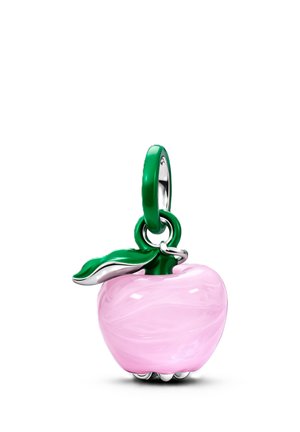 Ciondolo a forma di mela rosa traslucida con foglia verde e anello, progettato per essere attaccato a braccialetti o collane.