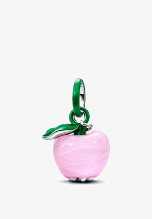 Ciondolo a forma di mela rosa traslucida con foglia verde e anello, progettato per essere attaccato a braccialetti o collane.