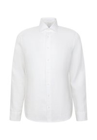 Chemise blanche à manches longues avec col pointu, devant uni et poignets standards, présentée sur un fond blanc.