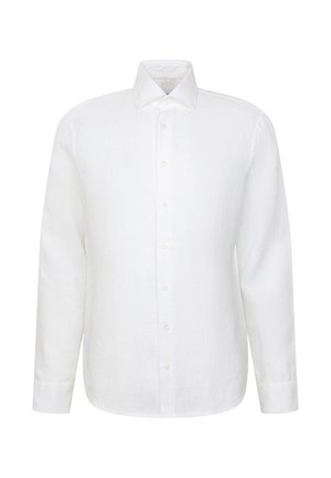 Chemise blanche à manches longues avec col pointu, devant uni et poignets standards, présentée sur un fond blanc.