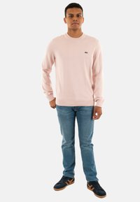 Pull léger rose à col rond en tricot, avec un petit logo vert sur la poitrine. Associé à un jean bleu et des chaussures noires.