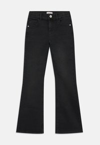 Black flared jeans made of denim. Features five pockets, belt loops, and a button closure. Smooth texture with a clean finish.