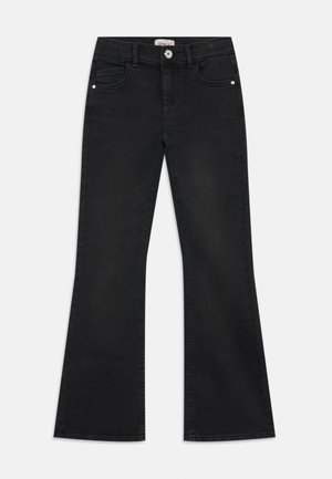 Svarte utsvingte jeans laget av denim. Har fem lommer, beltehemper og en knappeåpning. Glatt tekstur med et rent preg.