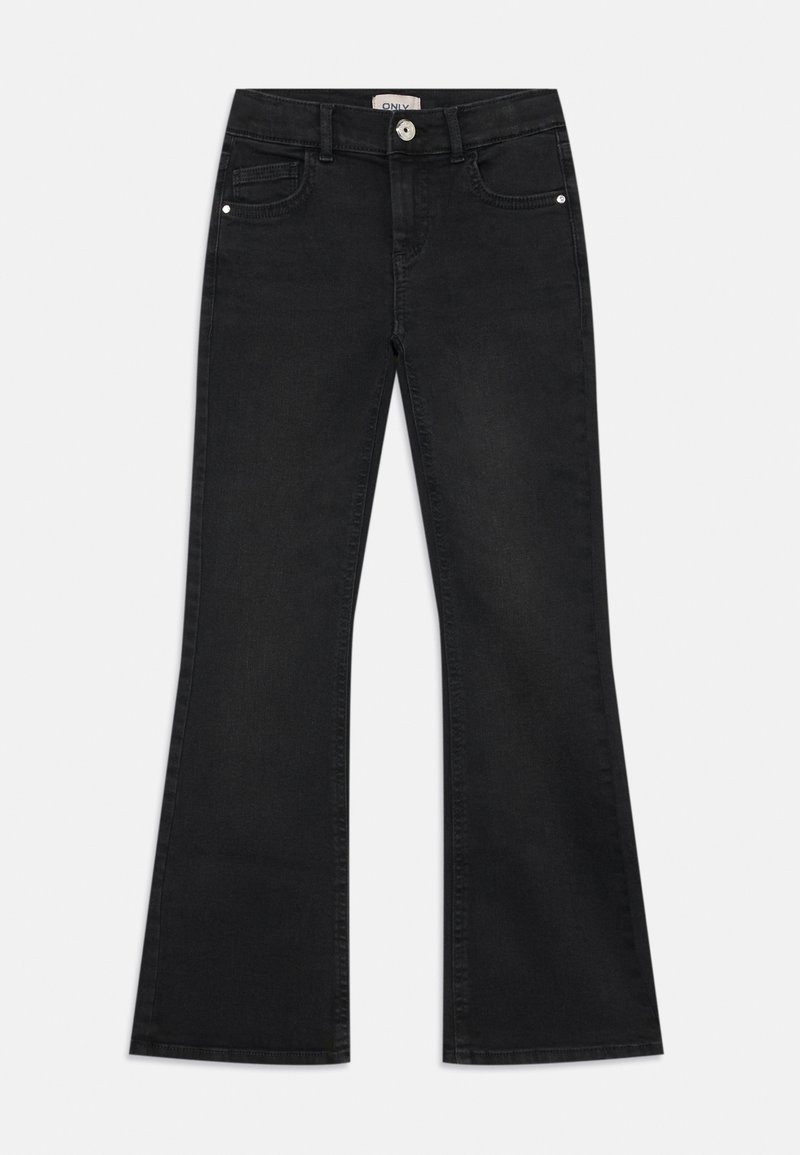 Black flared jeans made of denim. Features five pockets, belt loops, and a button closure. Smooth texture with a clean finish.