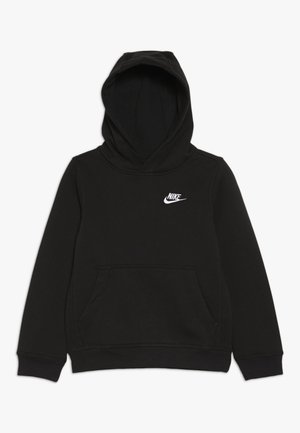Sort hoodie lavet af bomuldsblandingsstof med en forlommem på fronten, ribstrikkede manchetter og en hvid Nike-logo på brystet.