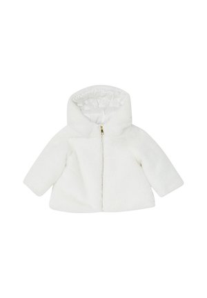 Veste bébé blanche en peluche avec capuche, fermeture éclair devant et doublure intérieure matelassée.