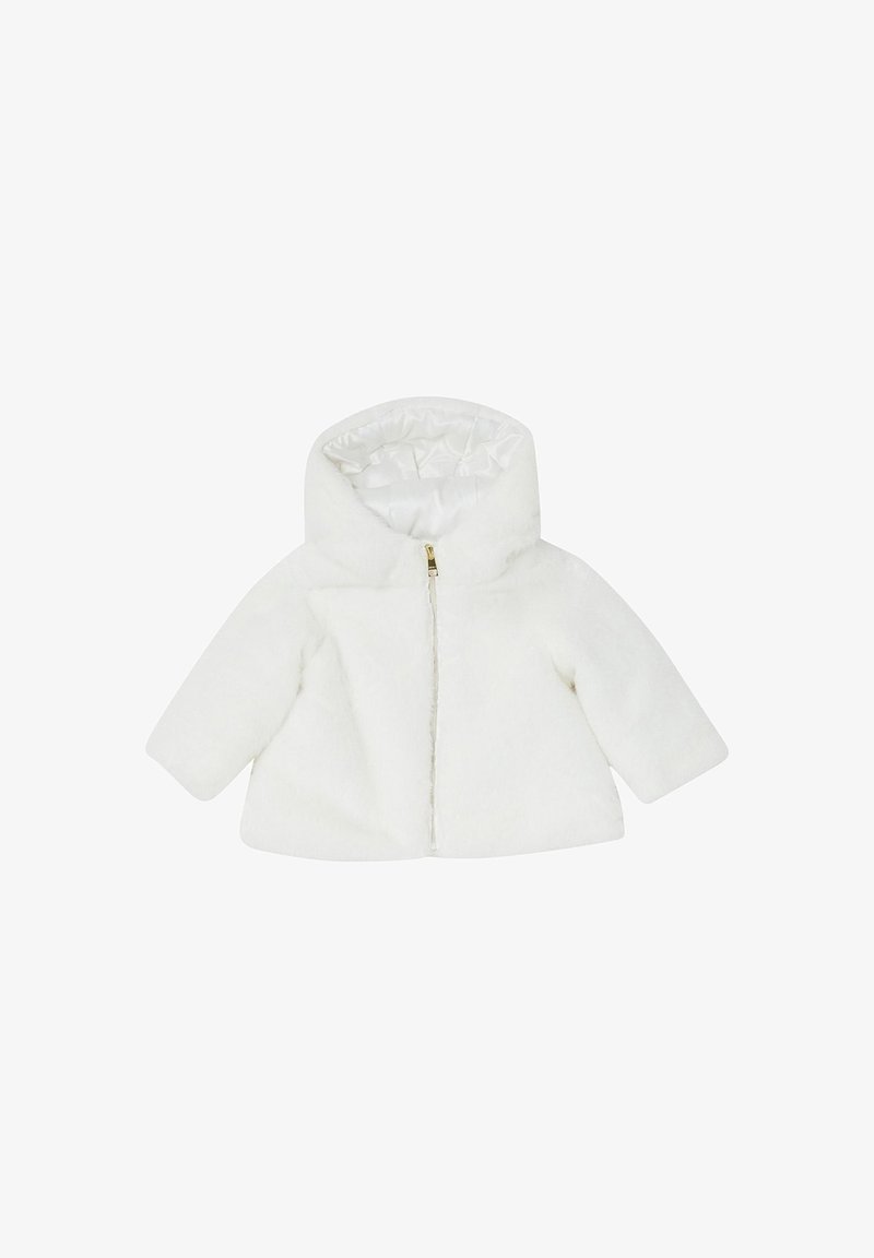 Veste bébé blanche en peluche avec capuche, fermeture éclair devant et doublure intérieure matelassée.