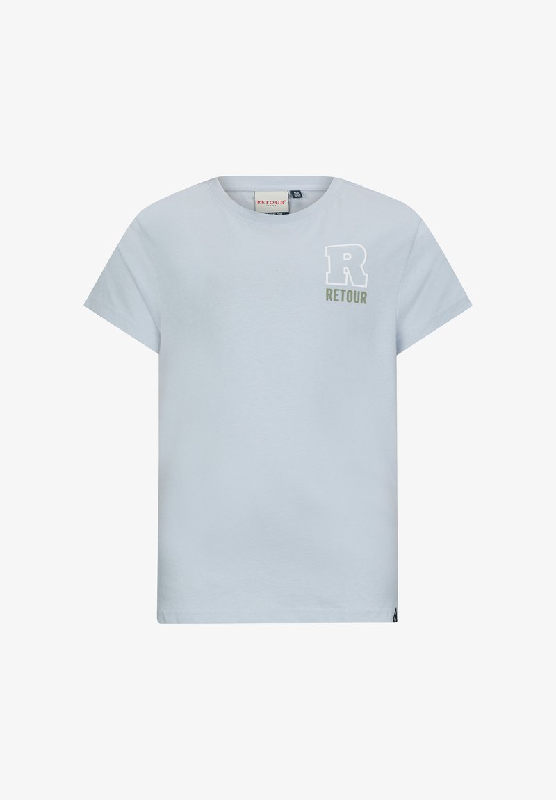 Jasnoniebieska bawełniana koszulka z krótkim rękawem, z białym logo "R" i napisem "RETOUR" w kolorze zielonym. Prosty okrągły dekolt i prosty dół.