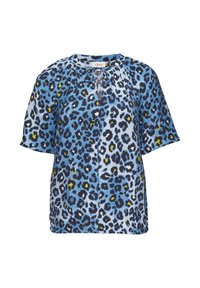 Blouse met luipaardprint in blauw, zwart en geel, met korte mouwen, een ronde halslijn en een lichte plooidetail aan de voorkant.