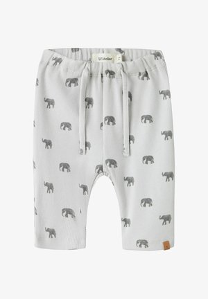 Grijze geribbelde babyshorts met een elastische tailleband, voorzien van een herhaald olifantenpatroon en een klein bruin label aan de zijkant.