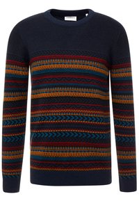 Marineblauer Pullover mit mehrfarbigem horizontalem Streifenmuster in Blau, Orange und Rot sowie geometrischen Mustern. Rundhalsausschnitt und strukturiertes Strickdesign.