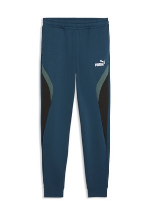 Marineblå Puma joggingbukser med elastisk talje, sorte og grå sidepaneler og Puma-logo på øverste venstre lår.