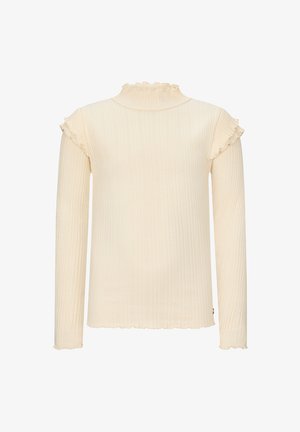 Ripp Longsleeve-Oberteil in hellbeige mit hohem Rüschenausschnitt und Rüschenmanschetten. Weicher Stoff mit taillierter Silhouette.