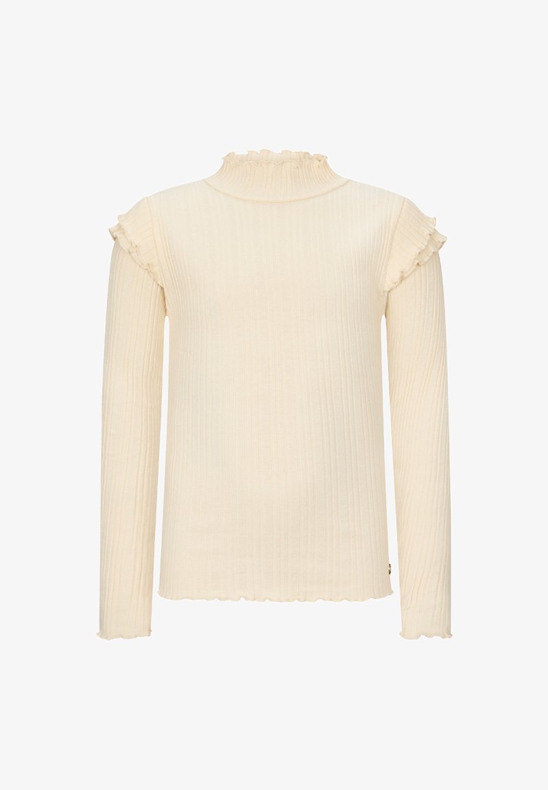 Ripp Longsleeve-Oberteil in hellbeige mit hohem Rüschenausschnitt und Rüschenmanschetten. Weicher Stoff mit taillierter Silhouette.