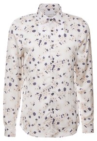 Long-sleeve button-up shirt in lightweight fabric, featuring a floral pattern in navy, orange, and cream on a white background.