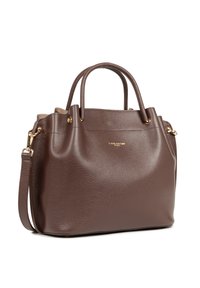 Bruine leren handtas met een gestructureerd oppervlak, twee handvatten aan de bovenkant en een afneembare schouderriem. Accenten van gouden hardware.