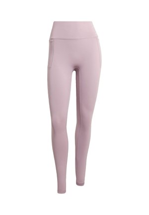 Jasnofioletowe legginsy wykonane z elastycznego materiału, z wysokim stanem i bocznymi kieszeniami, o gładkiej fakturze i dopasowanym kroju.