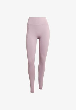 Jasnofioletowe legginsy wykonane z elastycznego materiału, z wysokim stanem i bocznymi kieszeniami, o gładkiej fakturze i dopasowanym kroju.