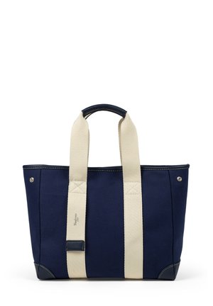 Borsa tote navy con manici in tessuto crema, cuciture rinforzate e un dettaglio in pelle liscia alla base, caratterizzata da un logo minimale.