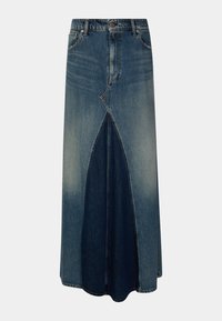 Blå denim maxi-skjørt med frontvendt kilt, beltehemper, knapplås og glidelås, samt falmet vaskedetalj.