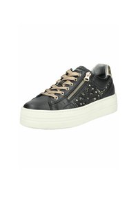 Sort lædersneakers med guld accenter, vævet tekstur, dekorativ lynlås, cremefarvet platformssål og beige snørebånd med metalspidser.
