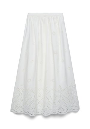 Jupe midi blanche avec taille élastique, broderie florale en œillet et détails d'ourlet festonné.