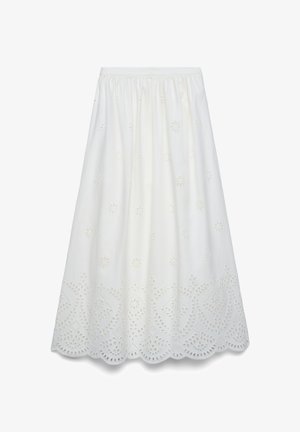 Jupe midi blanche avec taille élastique, broderie florale en œillet et détails d'ourlet festonné.