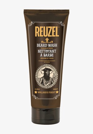 Braune Reuzel Bartwasch-Tube mit Piratenillustration, 200 ml, beschriftet mit "clean & fresh" und "Holland's Finest" auf Englisch und Französisch.