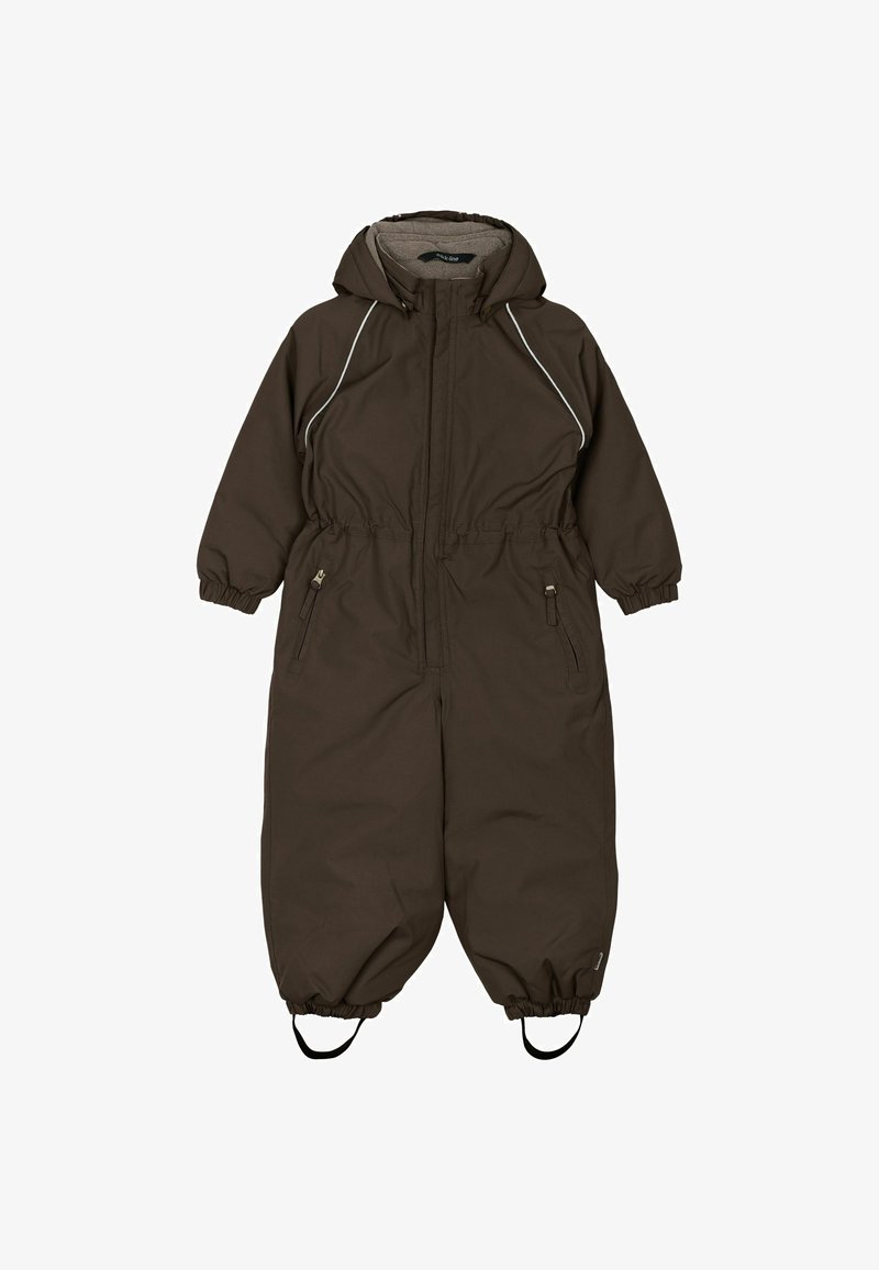 Brown insulated one-piece snowsuit, featuring a hood, elastic cuffs, front zipper, two side pockets, and reflective accents along the seams.