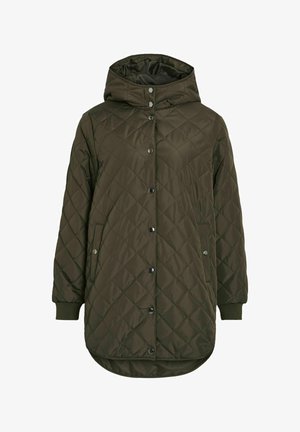 Zeleni jakna s kapuljačom, zakopčavanje na dugmad, bočne džepove i rebraste manžete. Ima dužu stražnju obrubu za dodatnu zaštitu.