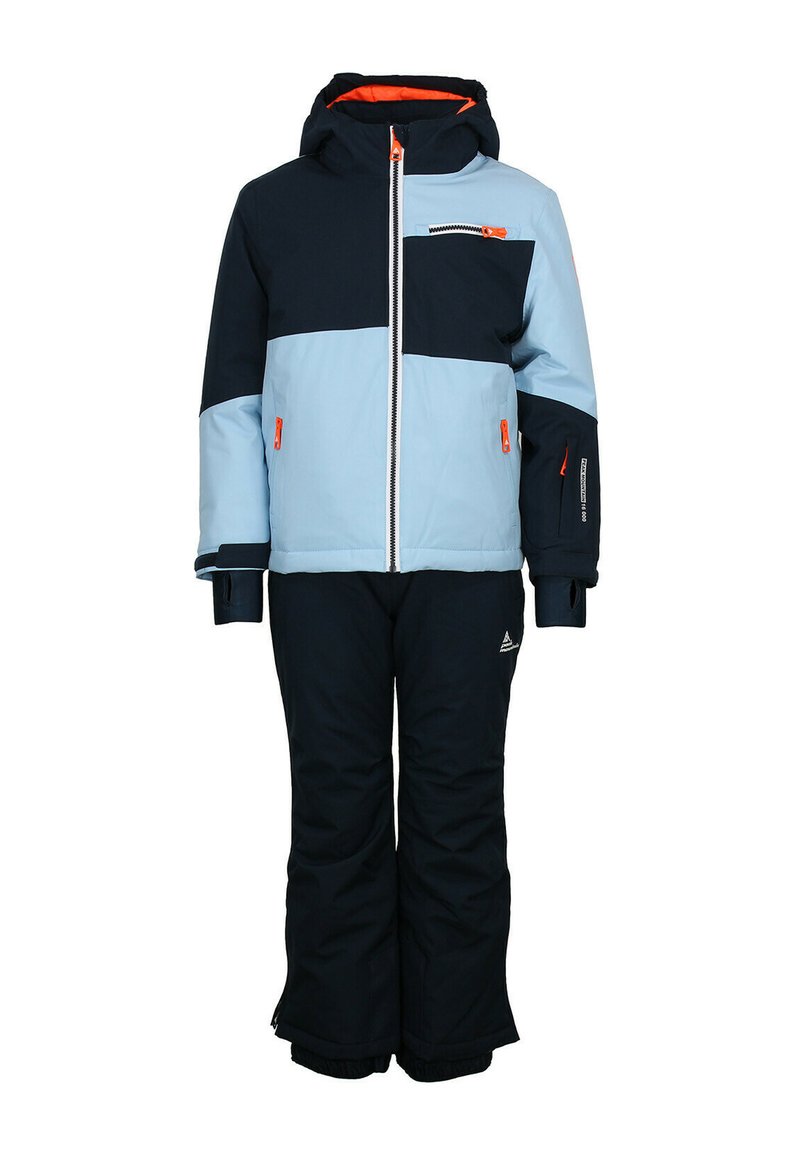 Ensemble de ski en deux pièces avec un design en blocs de couleurs bleu et marine. Fabriqué en matériau imperméable, il dispose d'une capuche, d'une fermeture éclair à l'avant et de poches zippées.